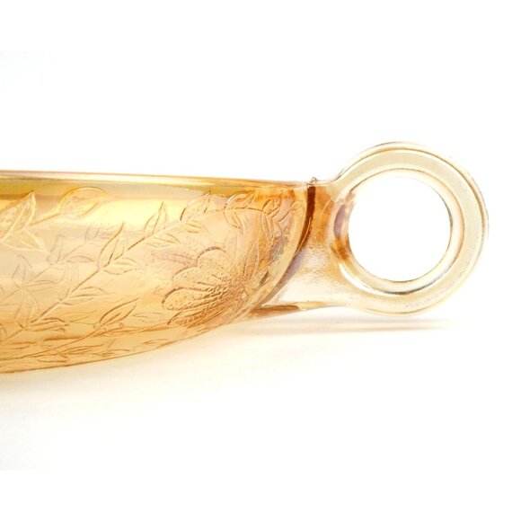 Jeanette Floragold Vintage Iridescent Amber Leaf Pattern Glass Bowl With Handle - Picture 13 of 15